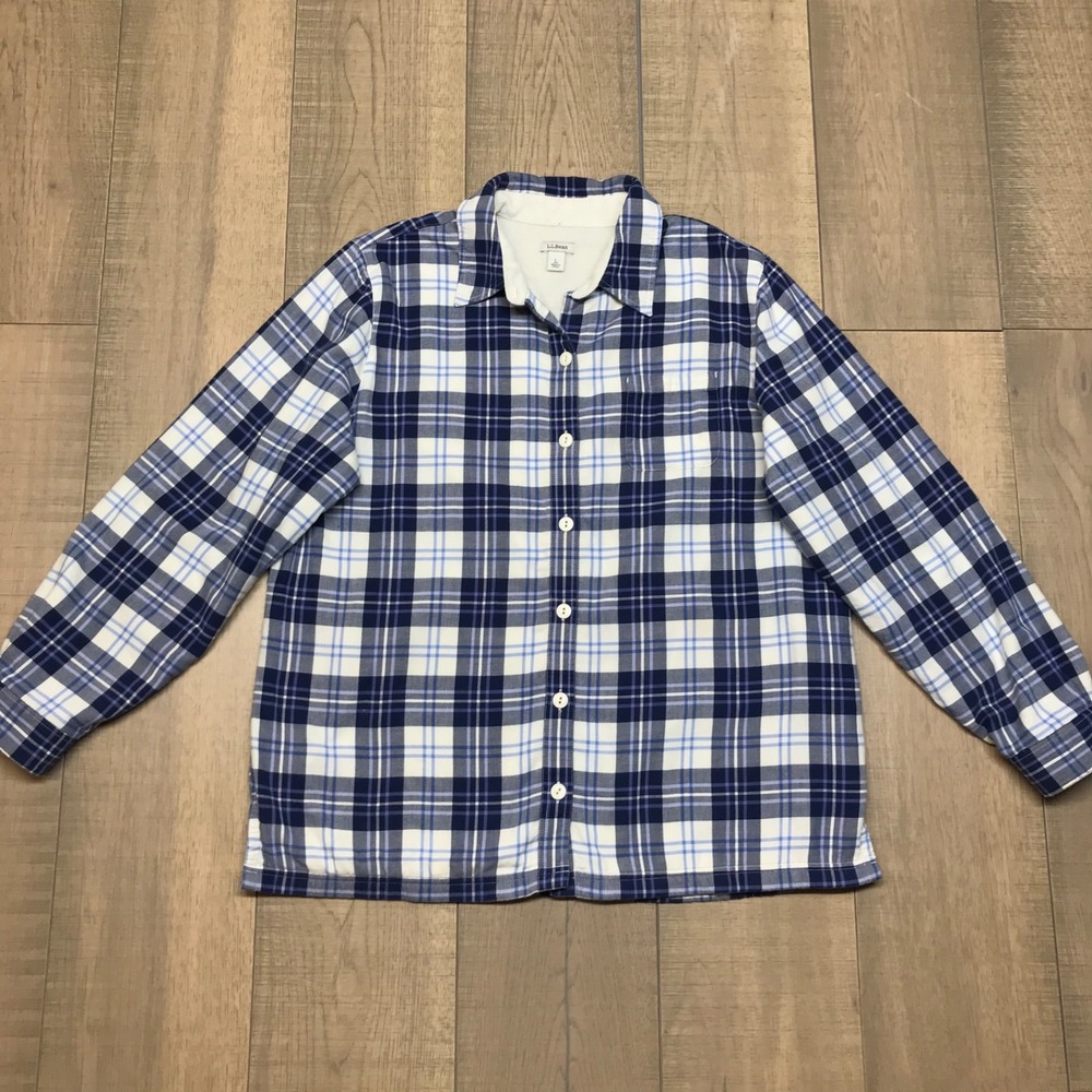 L.L. Bean Shirt Shacket Womens Size L Blue Plaid Button Up Fleece Lined Cozy